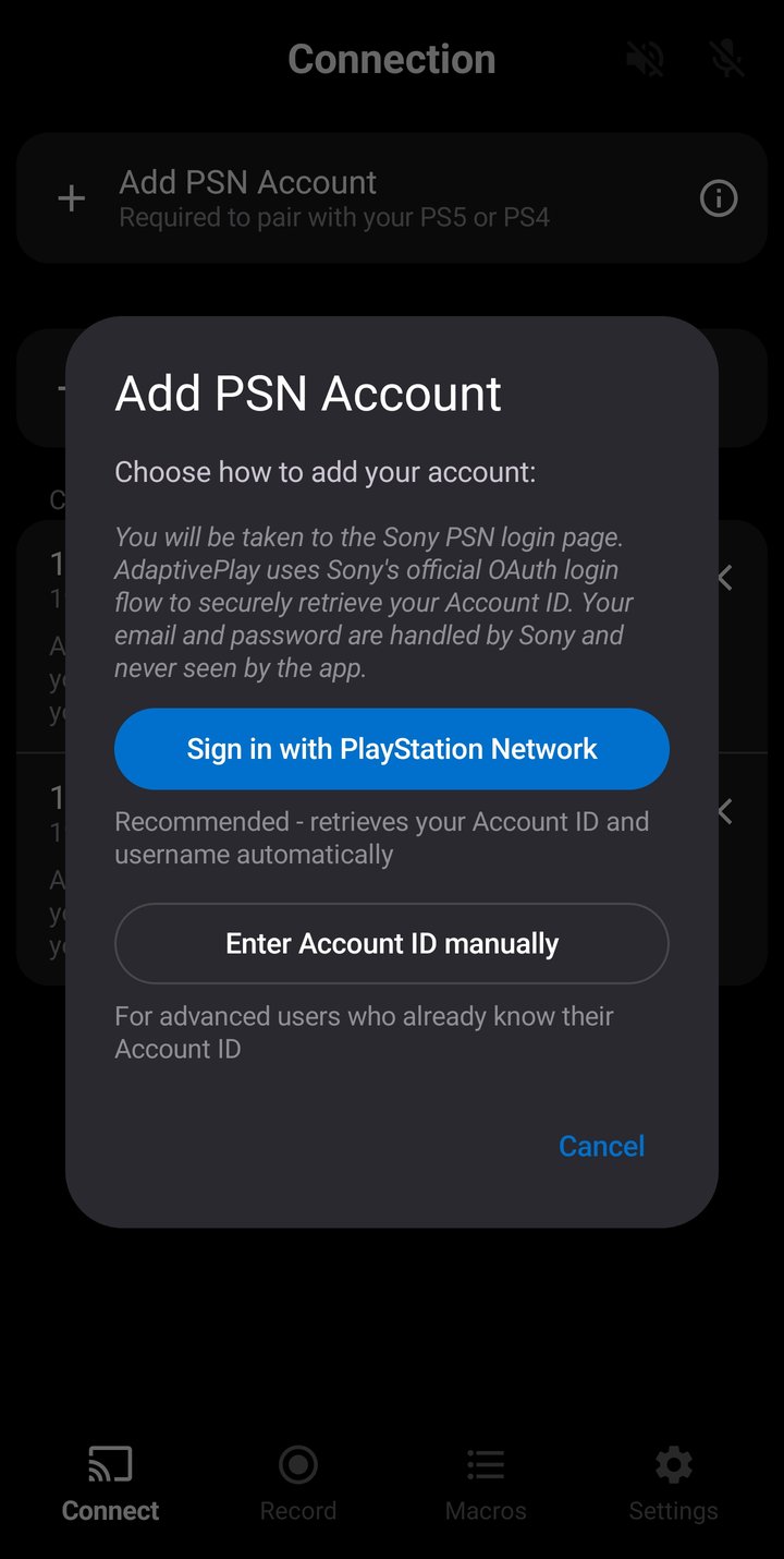 Connection Screen showing PSN sign-in