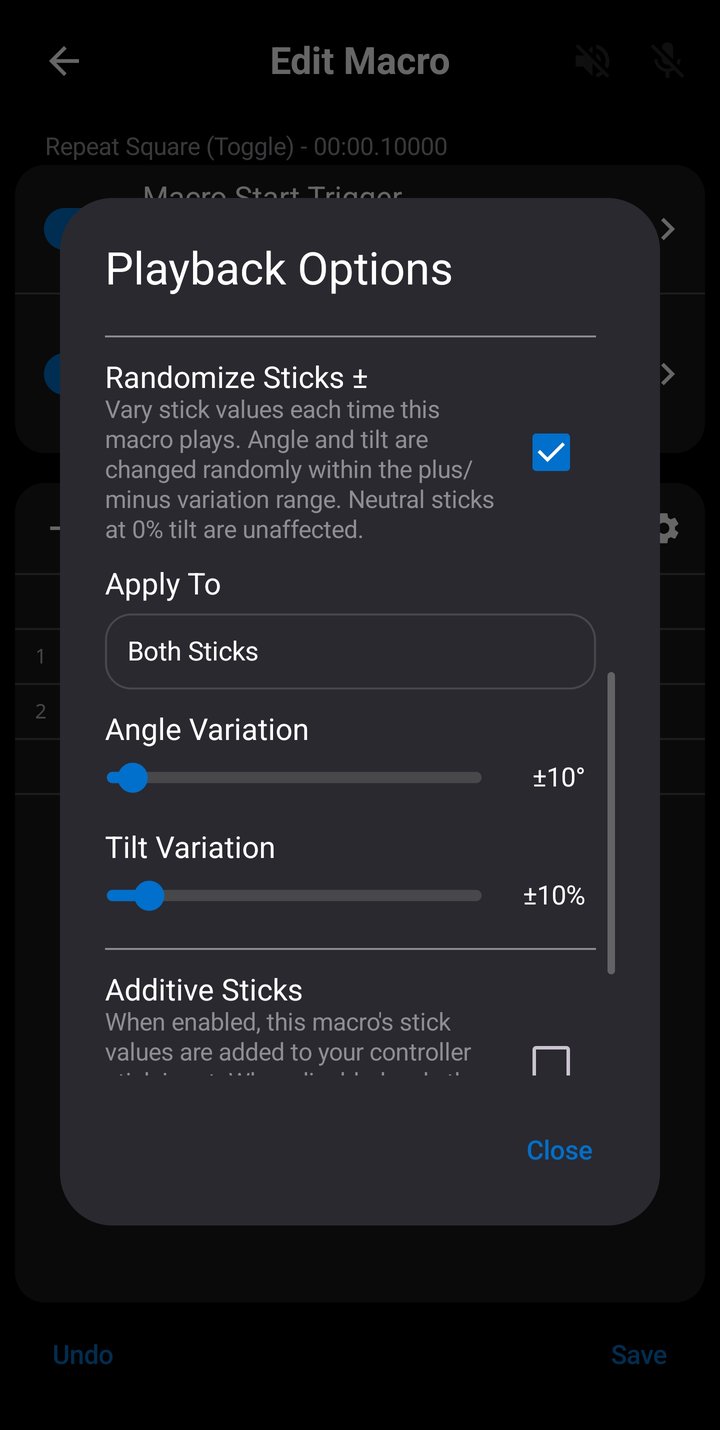 Playback Options dialog scrolled to Randomize Sticks, showing the Apply To dropdown set to Both Sticks and the Angle and Tilt Variation sliders at plus or minus 10