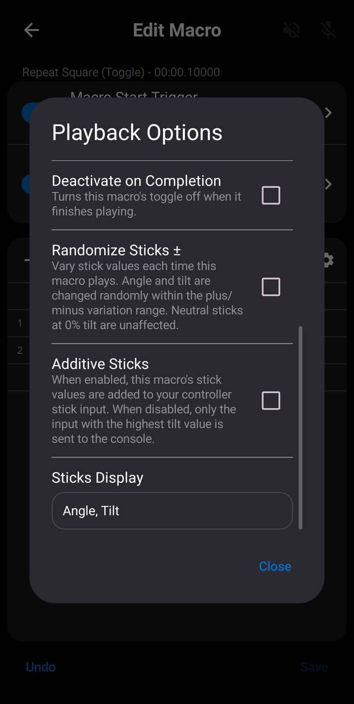 Playback Options dialog scrolled down, showing Deactivate on Completion, Randomize Sticks, Additive Sticks and Sticks Display