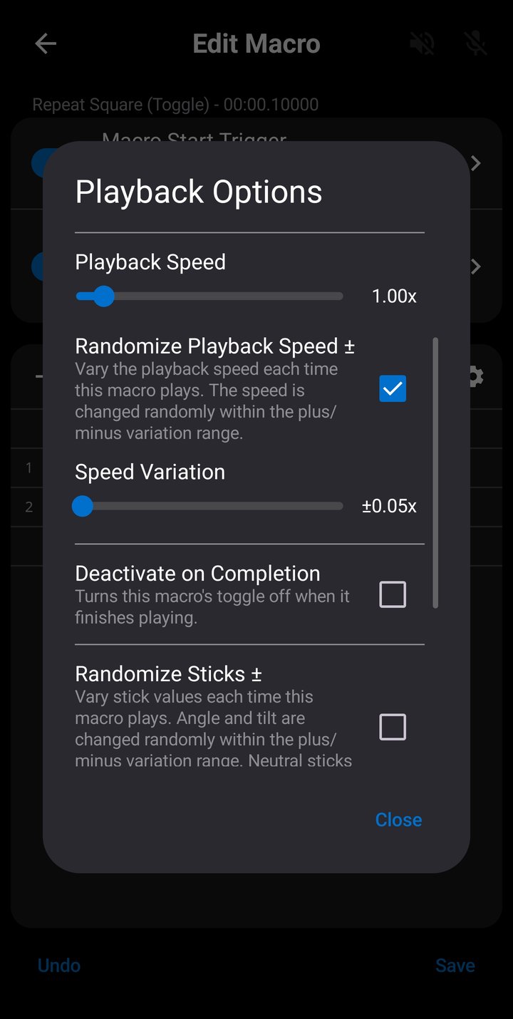 Playback Options dialog with Randomize Playback Speed enabled, showing the Speed Variation slider at plus or minus 0.05x