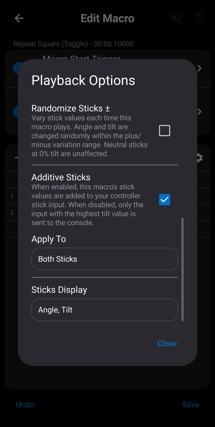 Playback Options dialog scrolled to Additive Sticks, showing the checkbox enabled and the Apply To dropdown set to Both Sticks
