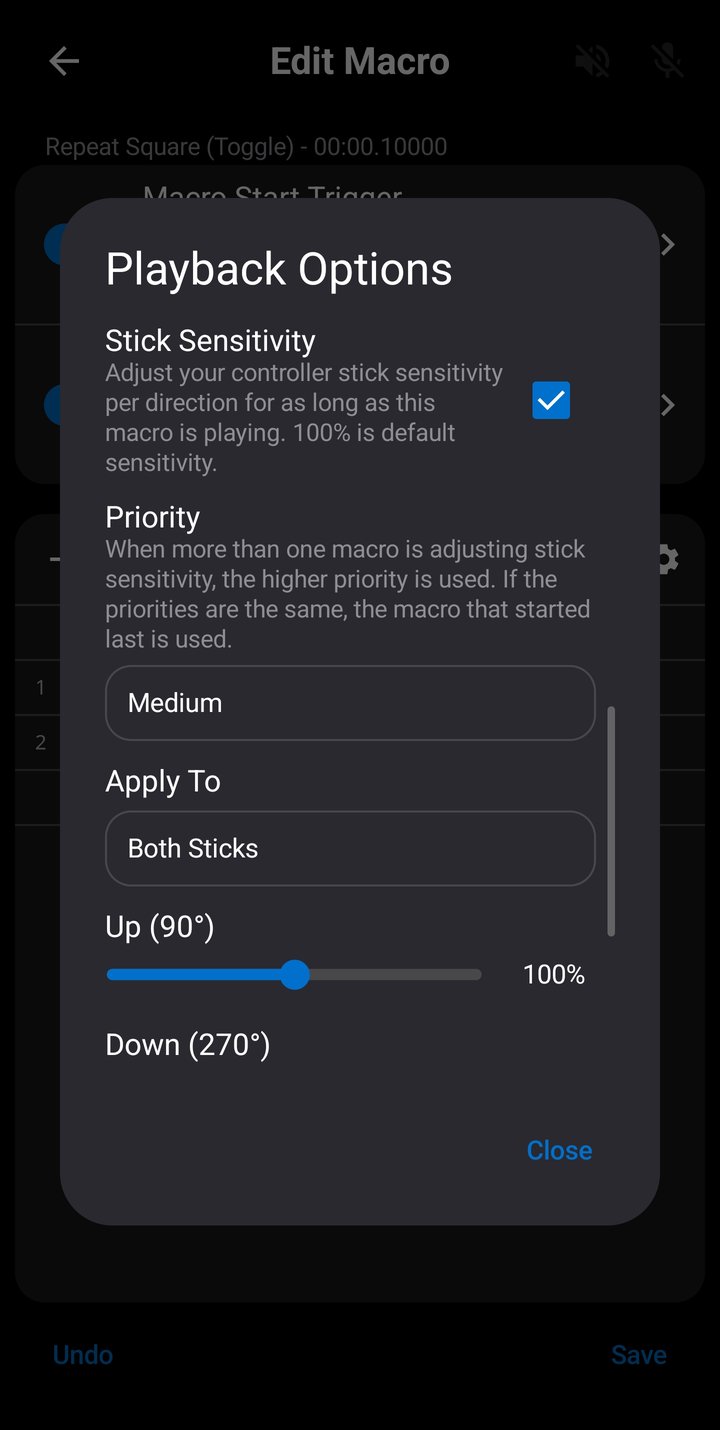 Playback Options dialog scrolled to Stick Sensitivity, showing the checkbox enabled, Priority set to Medium, the Apply To dropdown set to Both Sticks, and the Up (90°) slider at 100%
