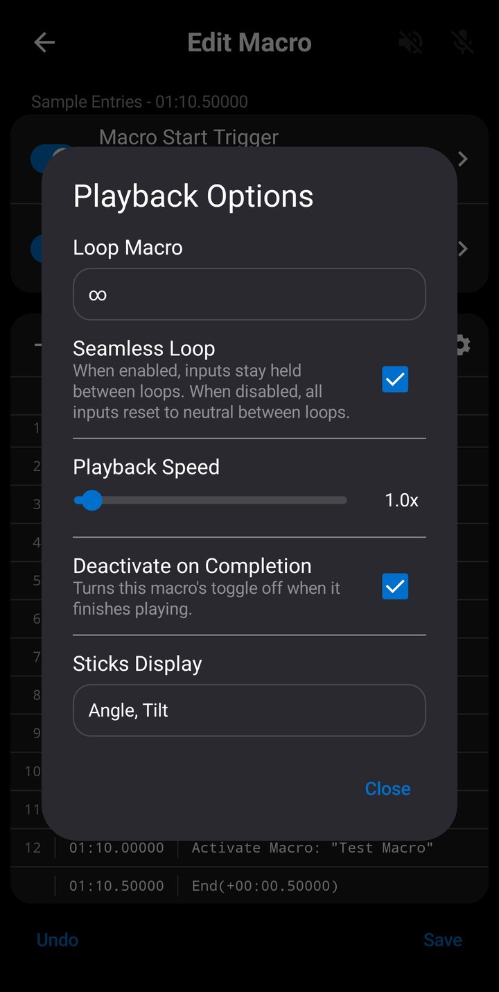Playback Options dialog in Macro Editor