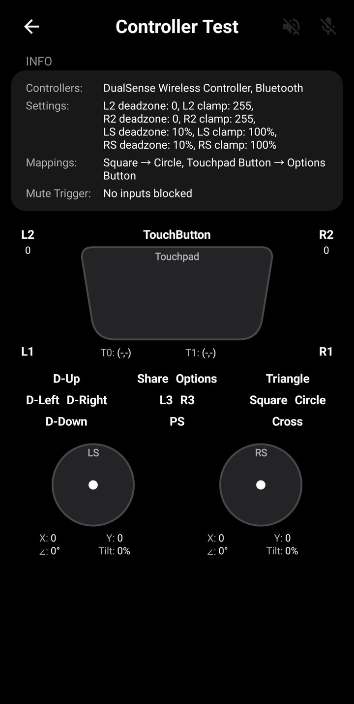 Controller Test screen showing real-time controller input state with buttons, triggers, sticks, and touchpad values